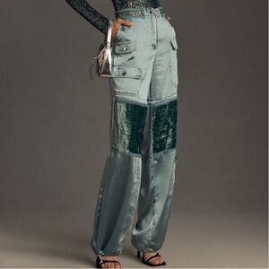Anna Sui- NWT Teal Silk, Sequin and Velvet Cargo Pants